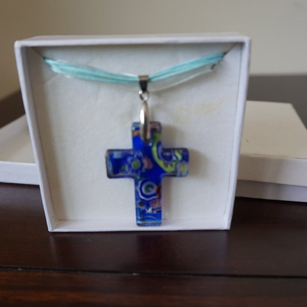 Vintage Blue Acrylic Cross Ribbon Necklace